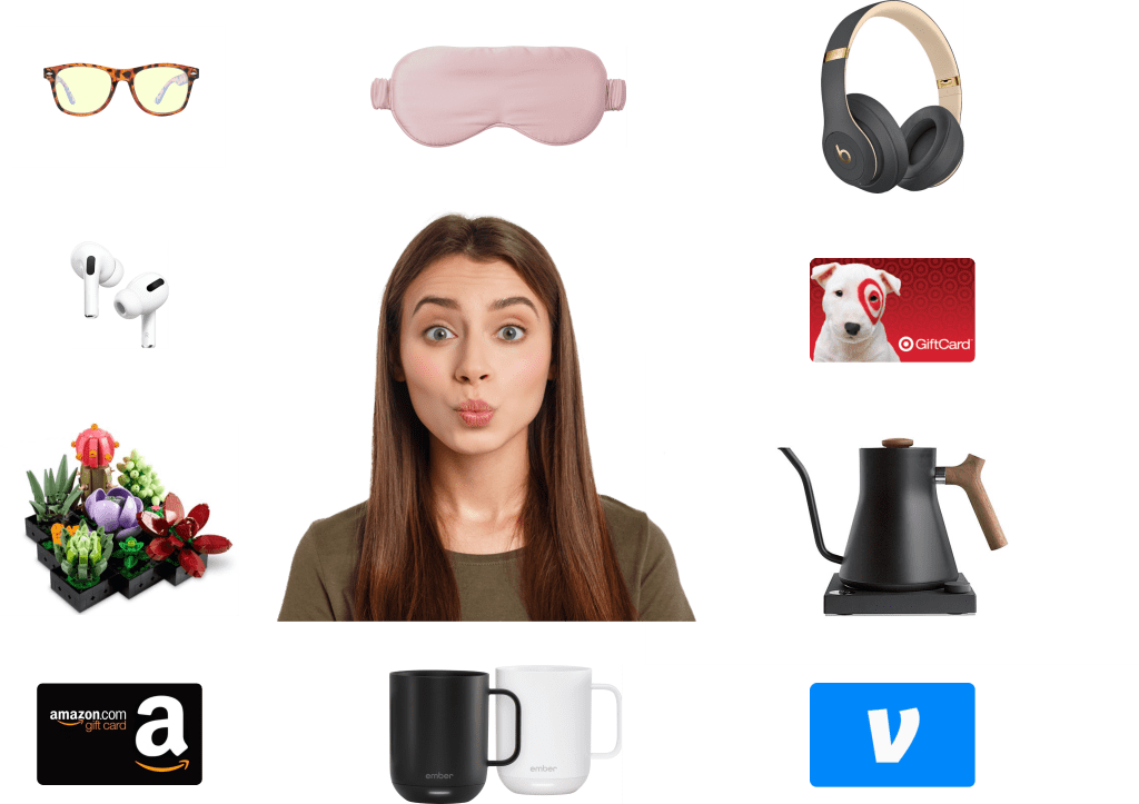 What to choose? A woman surrounded by gift selection options delivered digitally via TruCentive