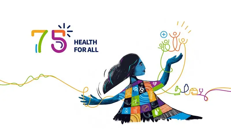 Graphic colorful image of a woman created by the World Health Organization for the 75th Anniversary of world health day