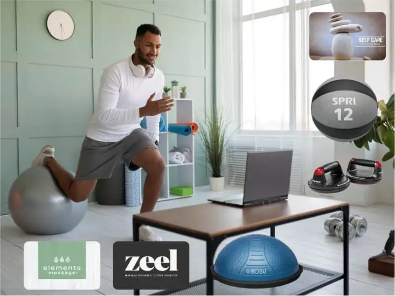 Man exercising in his office with items provided by his company for national stress awareness month