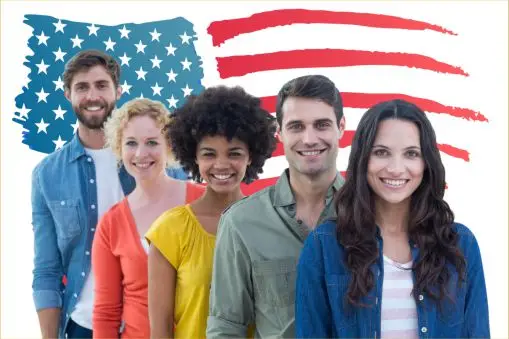 A group of workers standing in front of a flag