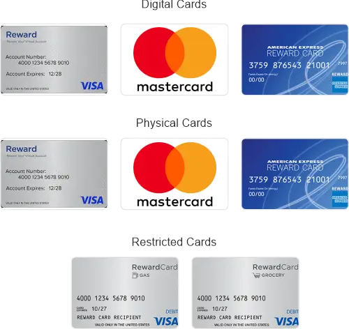 Visa, Mastercard, AMEX digital and physical cards