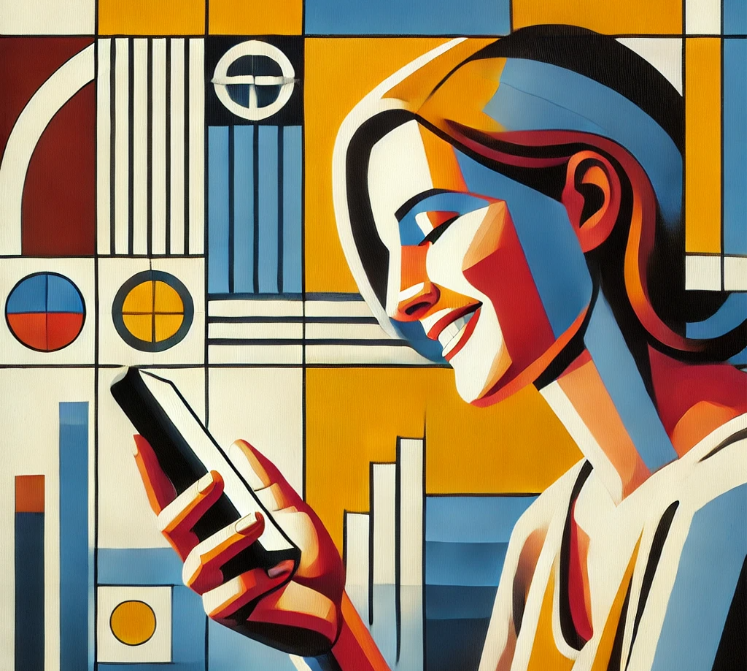 Artistic rendering of a woman on the phone receiving an digital gift card