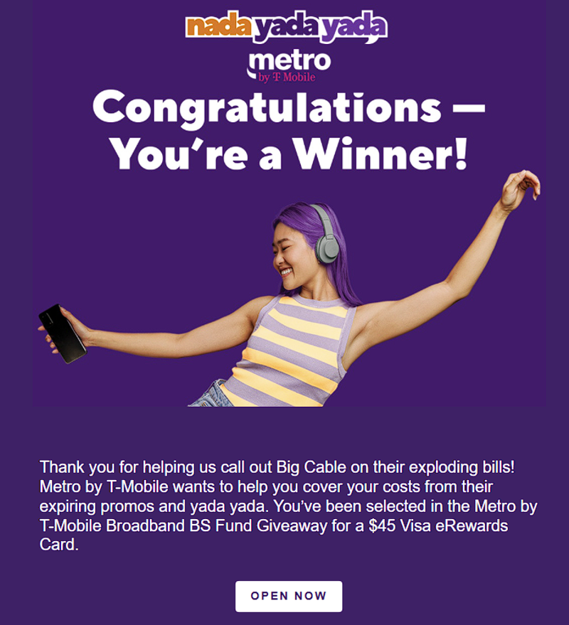 T-Mobile campaign email sample congratulating a winner. Agencies Need Incentive Automation to deliver large volumes of rewards to drive demand.