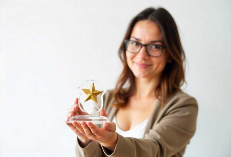 woman holding sales trophy with gold star