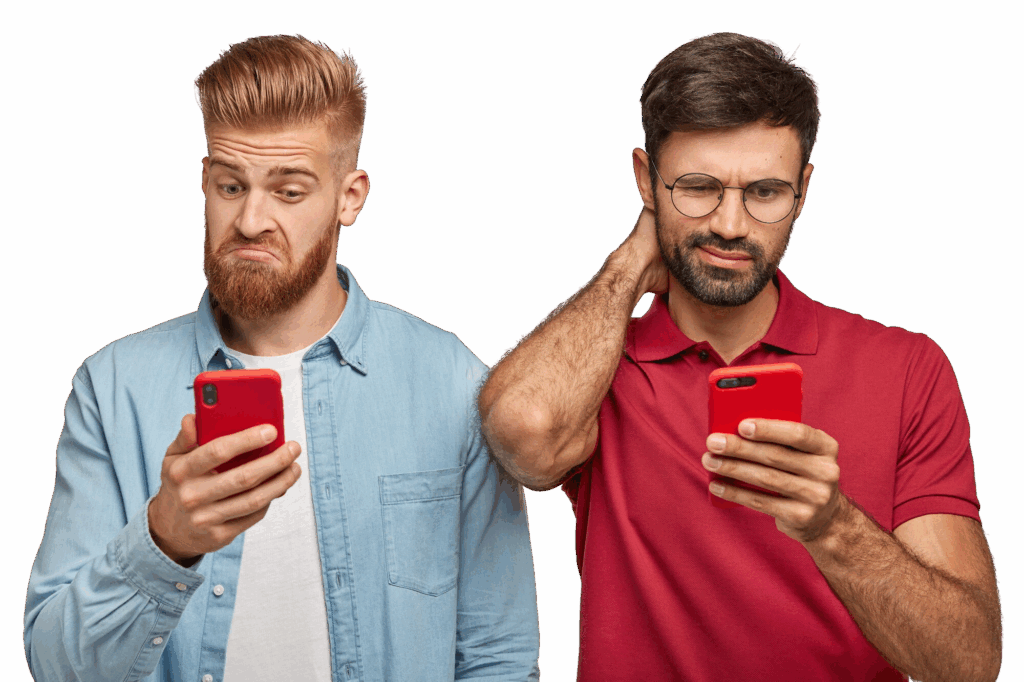 Two unhappy employees looking at their phones. Neither is happy with their latest company incentive.