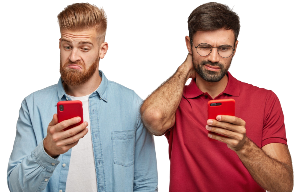 Two unhappy employees looking at their phones. Neither is happy with their latest company incentive.