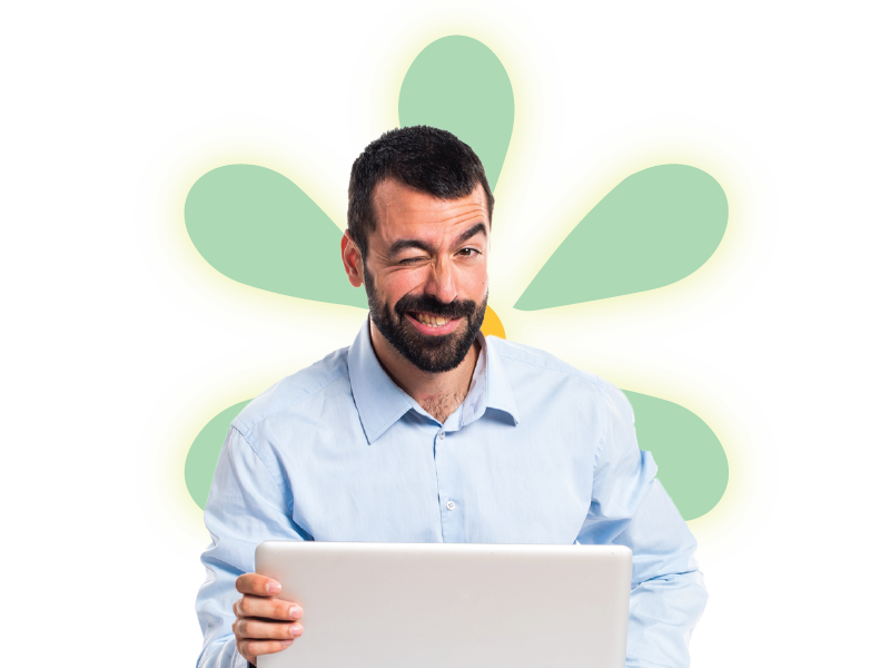 happy employee with laptop workplace engagement