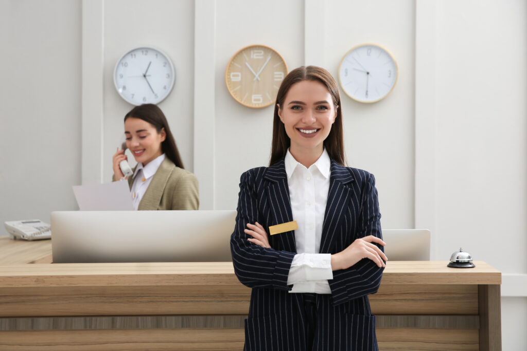 Receptionist near counter