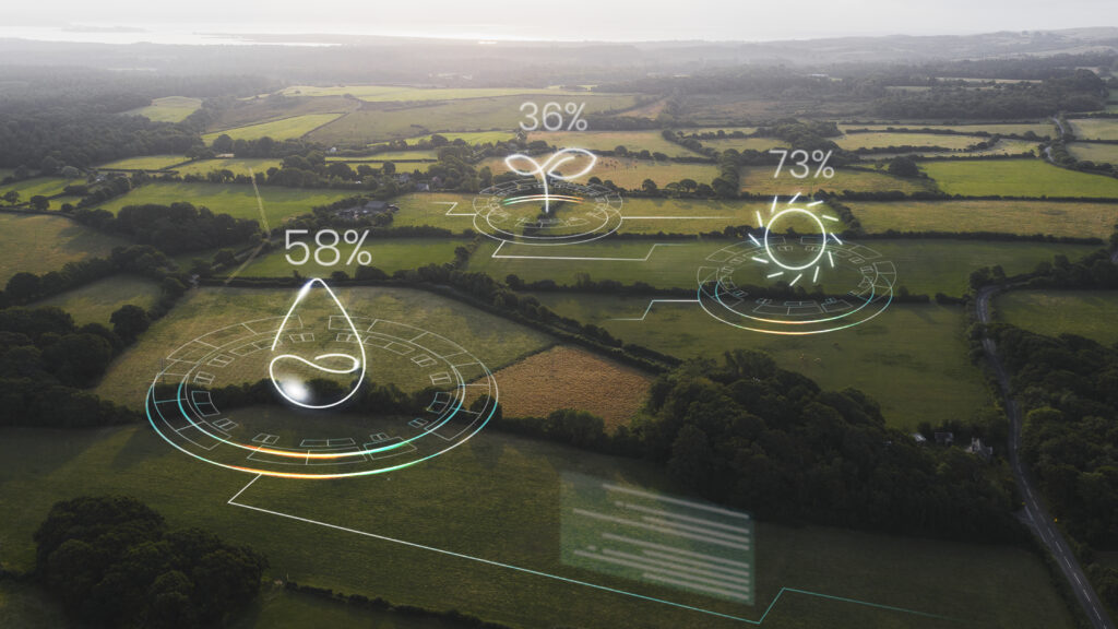 Farm Fields with overlays of ESG related metrics