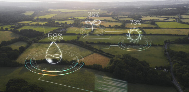 Farm Fields with overlays of ESG related metrics