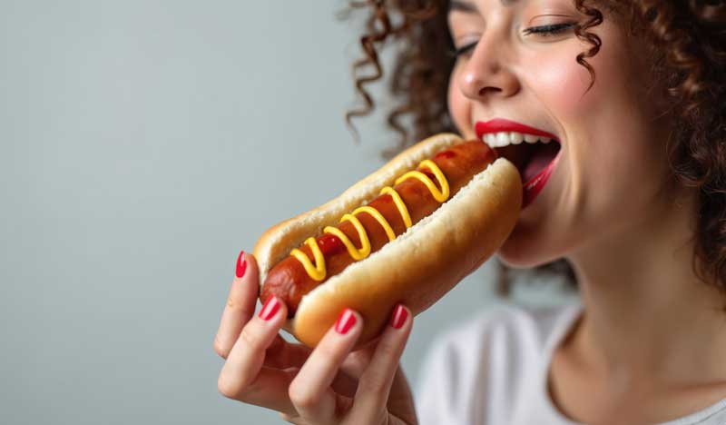 woman eating hot dog with mustard and ketchup