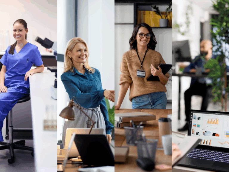 Four image panes with people representing different use cases of the TruCentive Gift Card API including clinical, employee, market research and customer