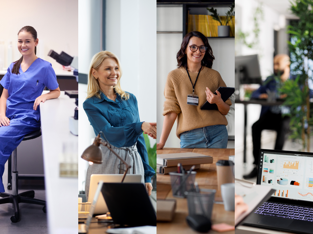 Four image panes with people representing different use cases of the TruCentive Gift Card API including clinical, employee, market research and customer