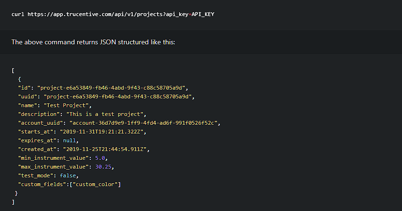 Screen shot of the TruCentive Gift Card API showing how to get projects