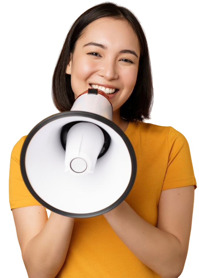A woman with a bullhorn saying thank you for a referral