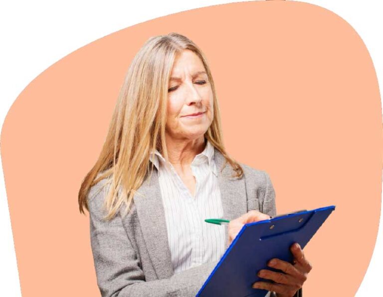woman marking research notes on a clipboard