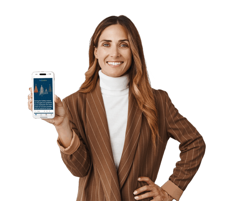 woman holding smart phone with holiday incentive message