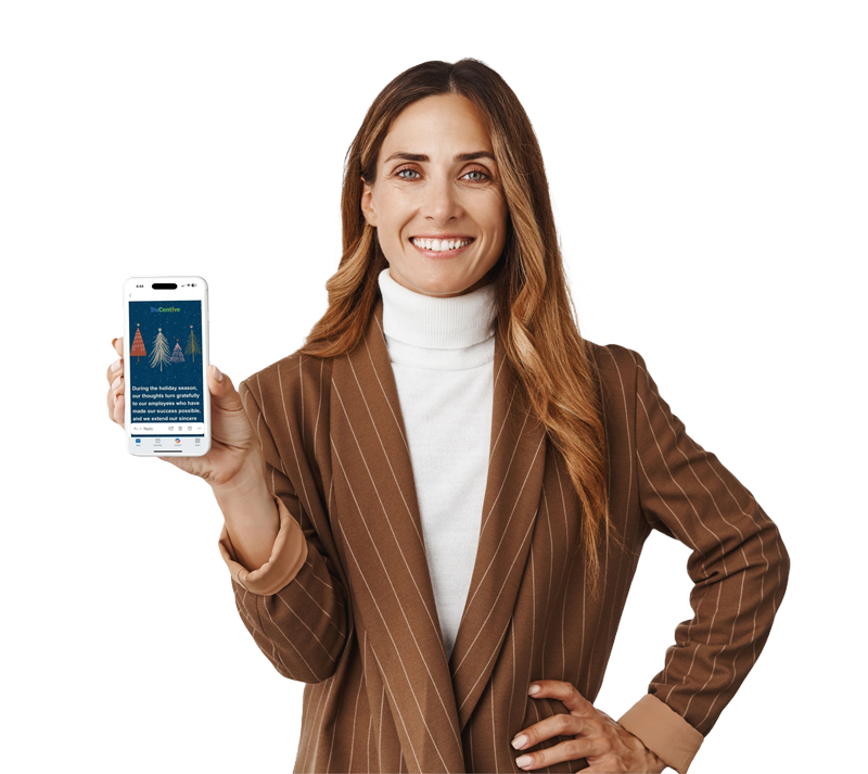 woman holding smart phone with holiday incentive message