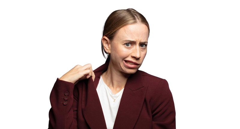 woman looking stressed pulling at collar