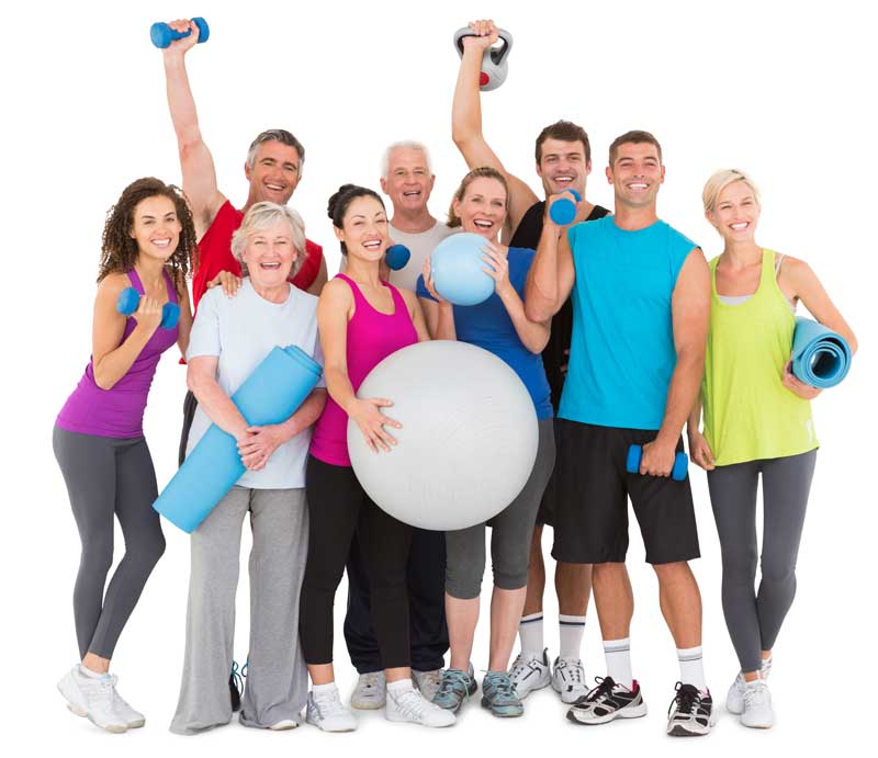 A group of employees holding exercise equipment