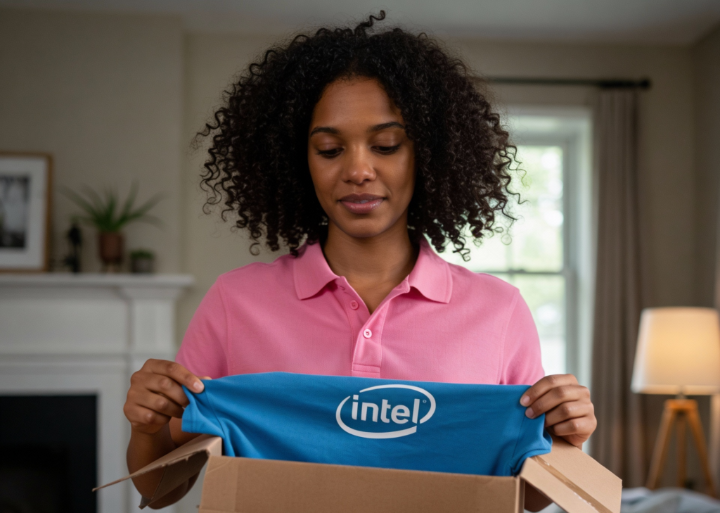 Woman with a new shirt from Intel