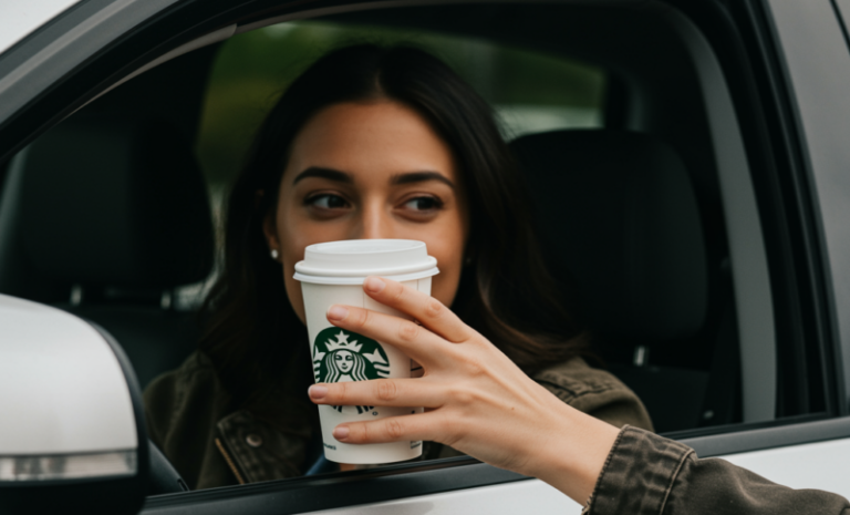 Woman in car getting starbucks