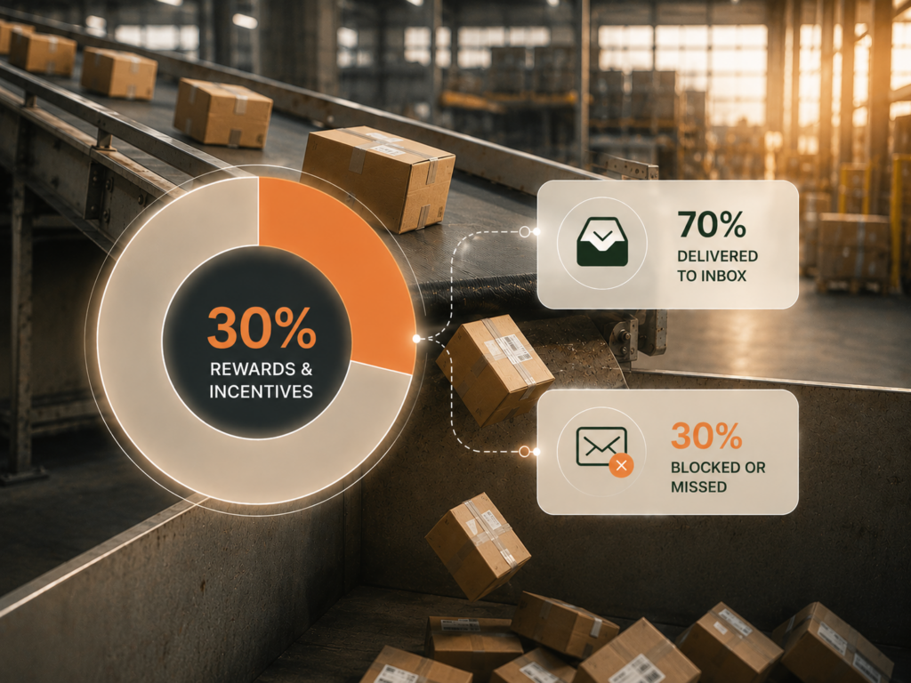 Packages flowing down a conveyor belt into a dumpster. An overlay showing that 30% of rewards and incentives don't ever reach a recipient inbox.