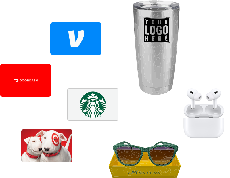 An assortment of items, including Starbucks, Venmo cards, good or sunglasses AirPods, and a my logo stainless Tumblr