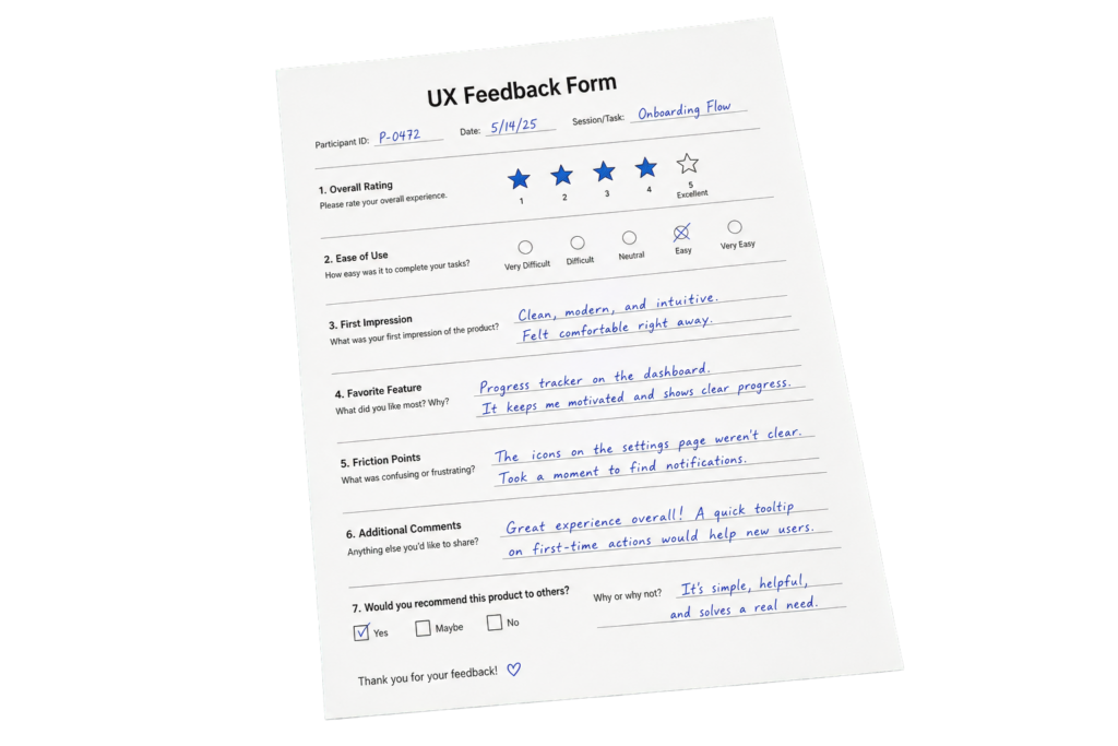 A feedback form for UX research