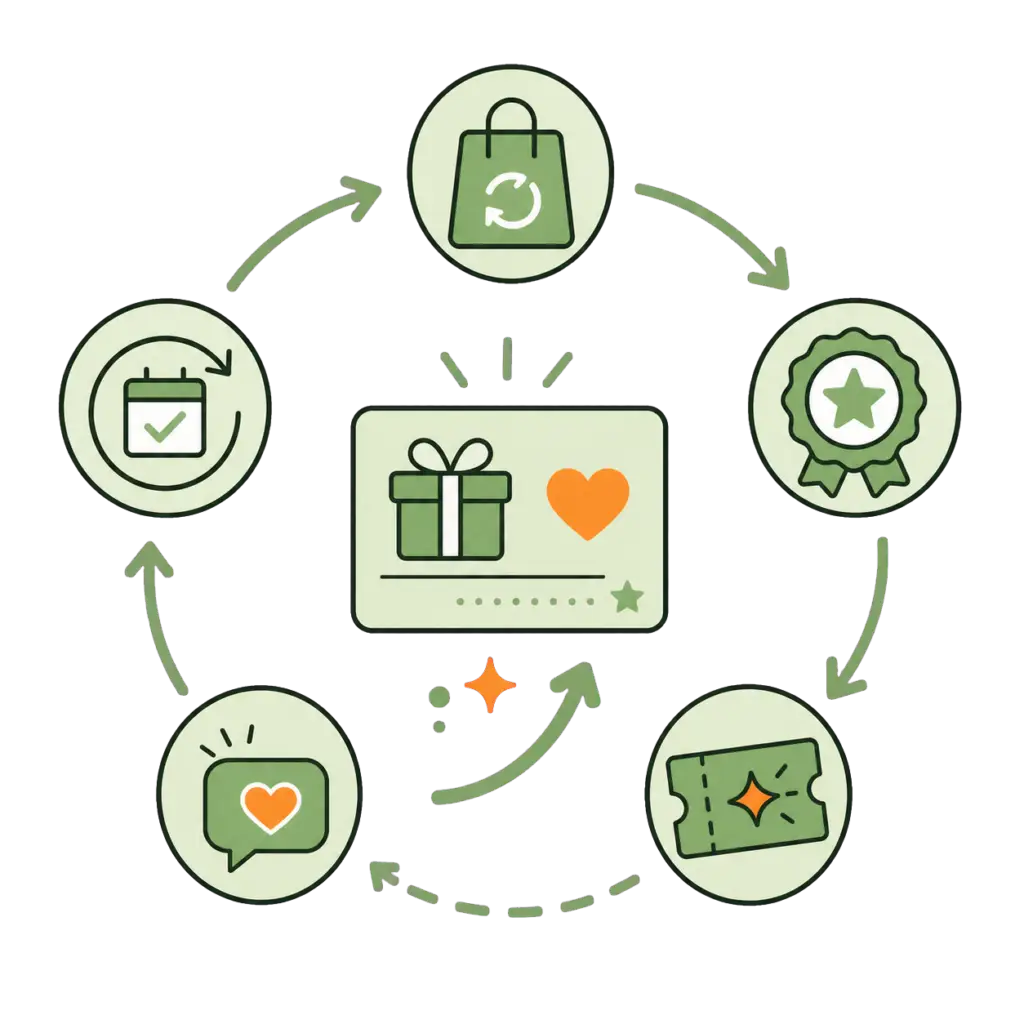 Customer loyalty reward flywheel connecting repeat purchases, membership milestones, personalized perks, appreciation, and retention campaigns.