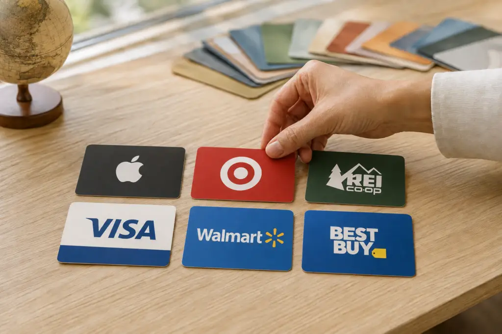 Recipient comparing a curated set of gift card options on a table