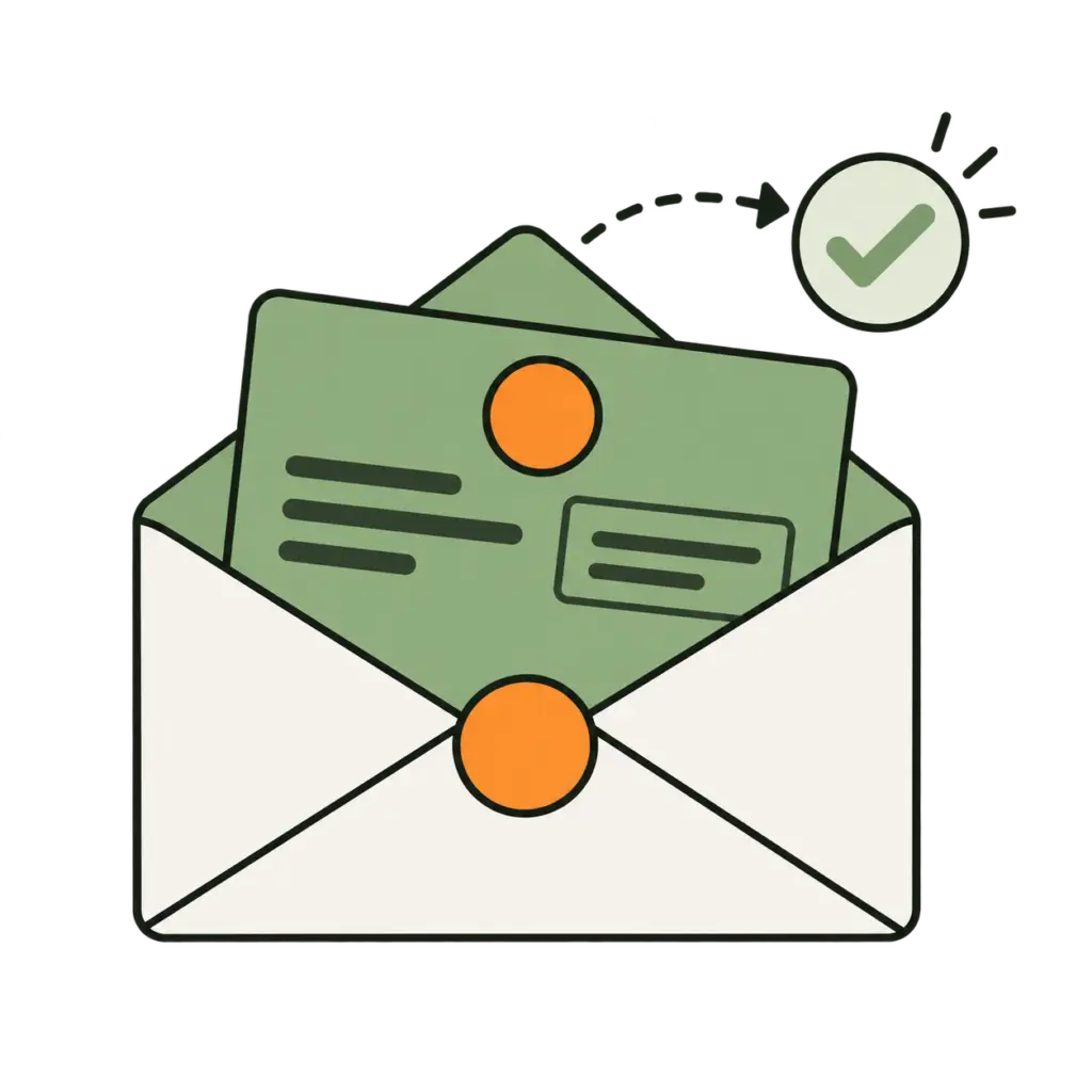 Illustration of a reward card in an open envelope with a confirmation checkmark.