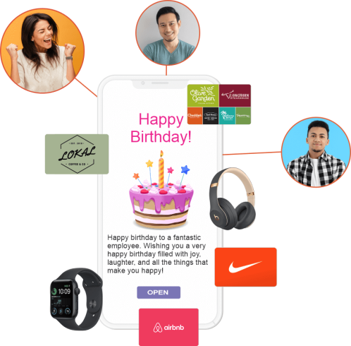 Mobile phone surrounded by images of people and merchandise, gift cards, and digital payments delivered by TruCentive, the All-in-One Incentive Fulfillment and Reward Delivery Platform