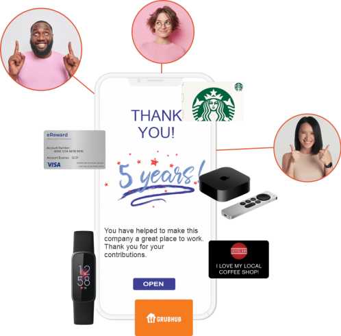 Mobile phone surrounded by images of people and merchandise, gift cards, and digital payments delivered by TruCentive, the All-in-One Incentive Fulfillment and Reward Delivery Platform