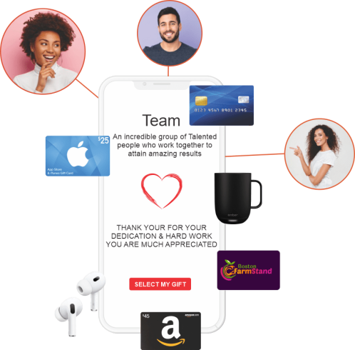 Mobile phone surrounded by images of people and merchandise, gift cards, and digital payments delivered by TruCentive, the All-in-One Incentive Fulfillment and Reward Delivery Platform