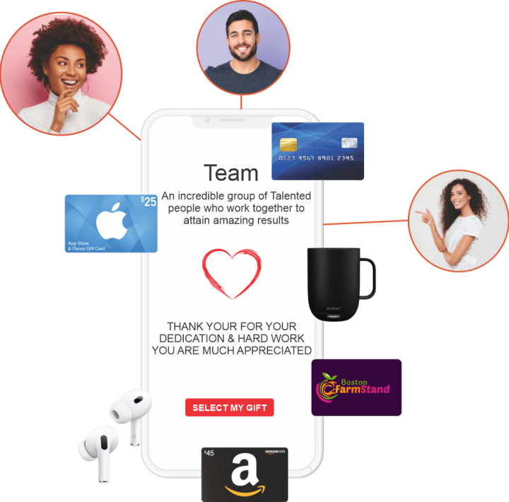 Mobile phone surrounded by images of people and merchandise, gift cards, and digital payments delivered by TruCentive, the All-in-One Incentive Fulfillment and Reward Delivery Platform